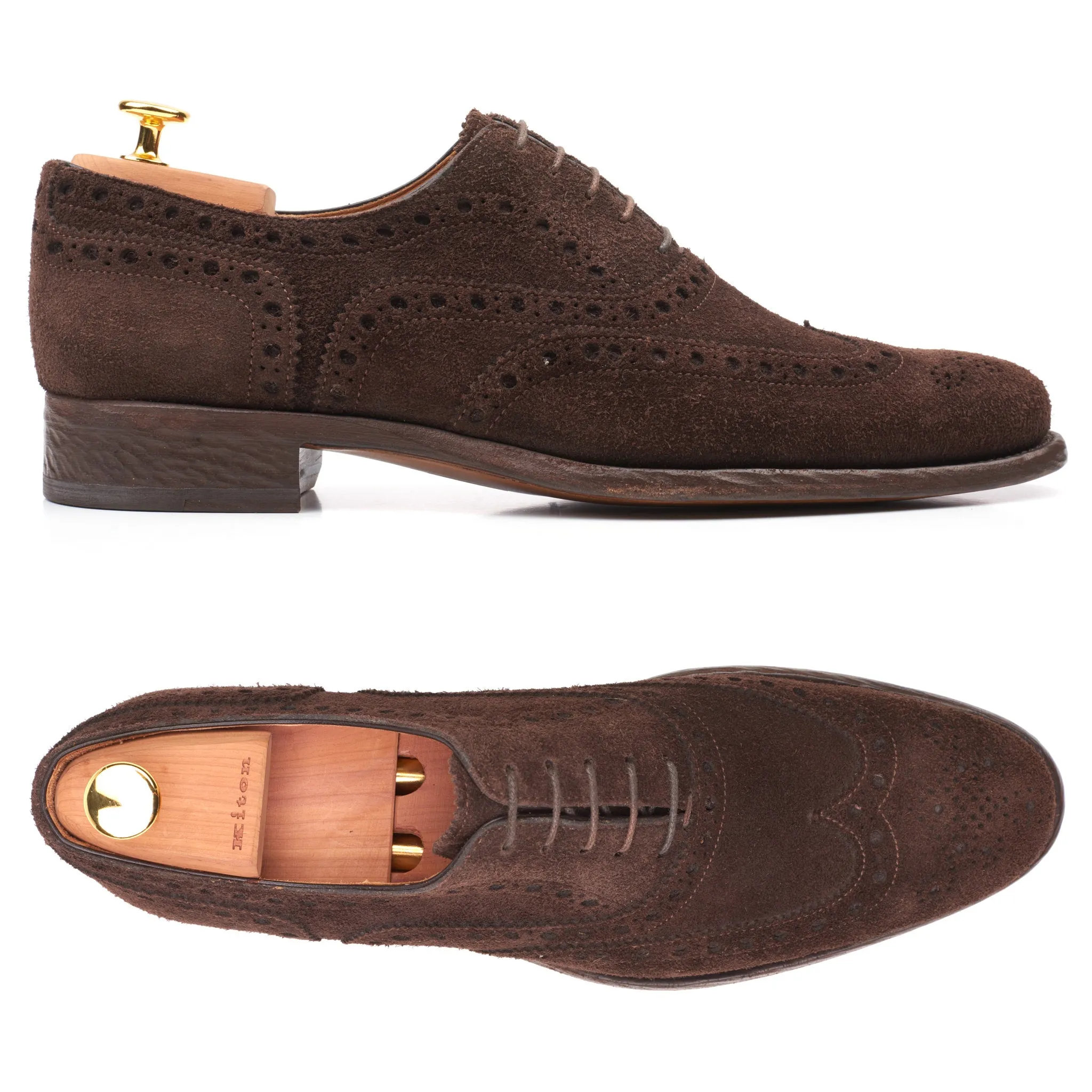 KITON Napoli Brown Calfskin Suede Leather Wing Tip Oxford Dress Shoes NEW Box