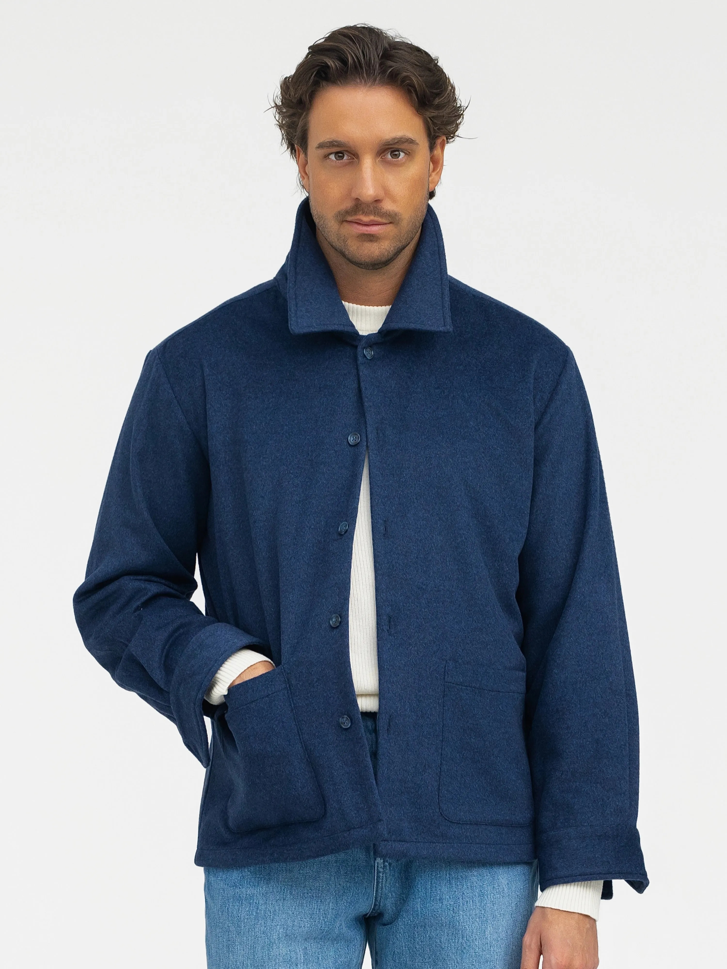 Navy Cashmere Wool Shirt Jacket