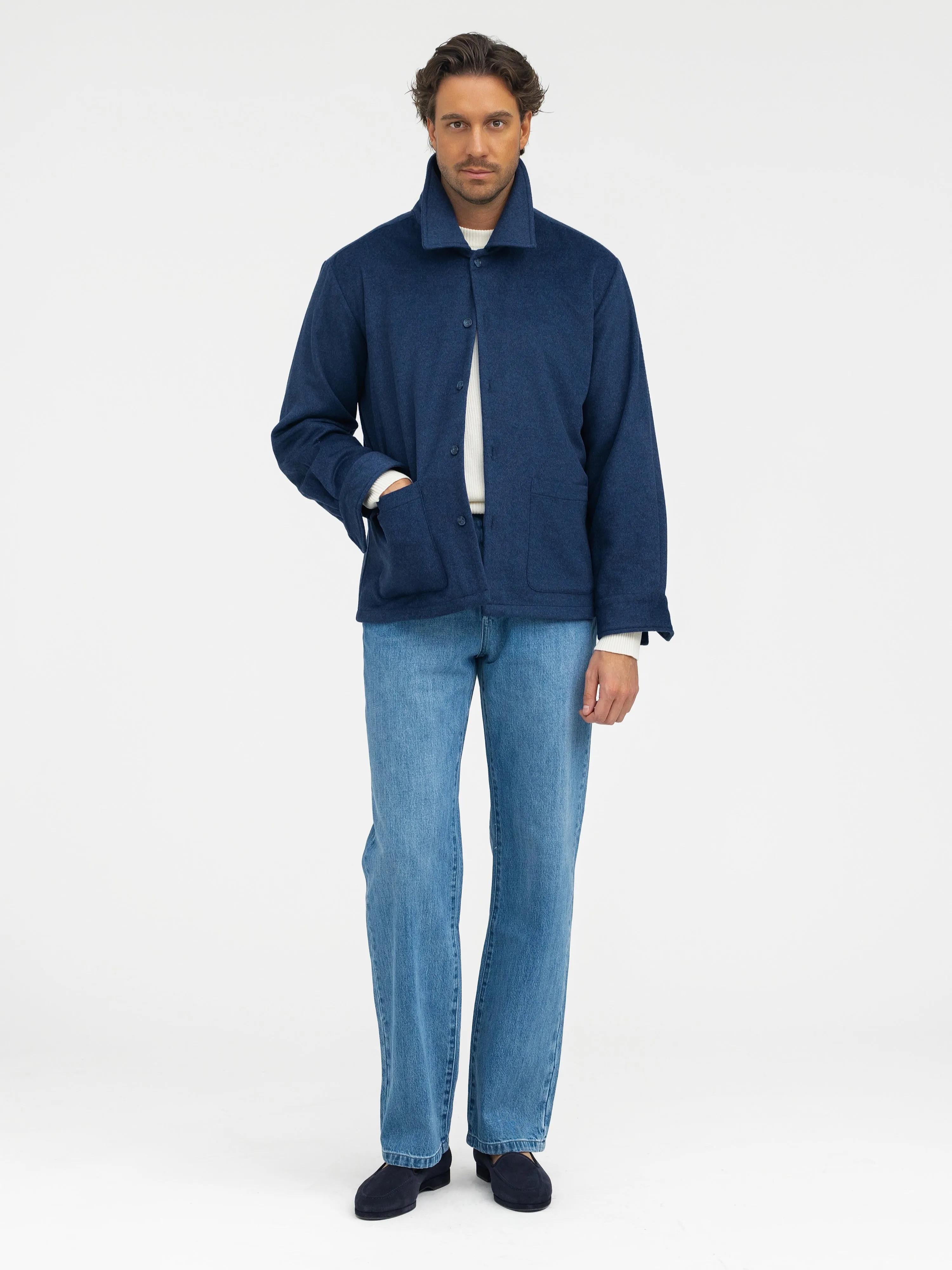 Navy Cashmere Wool Shirt Jacket