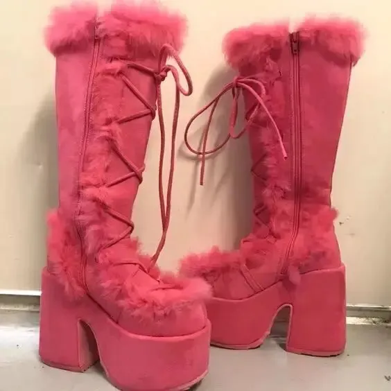 New Women's Winter Snow Boots - Platform Wedge High Heel Faux Fur Mid-Calf Boots - Warm Plush Non-Slip Gothic Shoes for Ladies