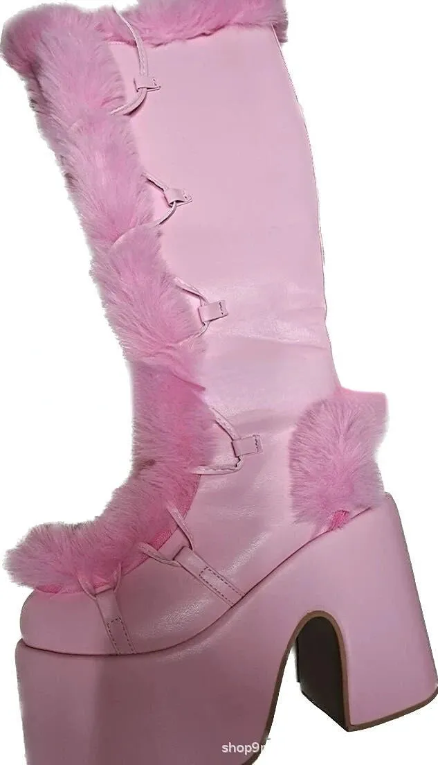 New Women's Winter Snow Boots - Platform Wedge High Heel Faux Fur Mid-Calf Boots - Warm Plush Non-Slip Gothic Shoes for Ladies