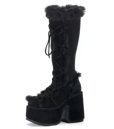 New Women's Winter Snow Boots - Platform Wedge High Heel Faux Fur Mid-Calf Boots - Warm Plush Non-Slip Gothic Shoes for Ladies