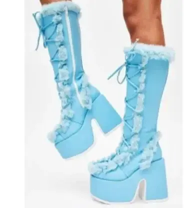 New Women's Winter Snow Boots - Platform Wedge High Heel Faux Fur Mid-Calf Boots - Warm Plush Non-Slip Gothic Shoes for Ladies
