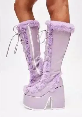 New Women's Winter Snow Boots - Platform Wedge High Heel Faux Fur Mid-Calf Boots - Warm Plush Non-Slip Gothic Shoes for Ladies