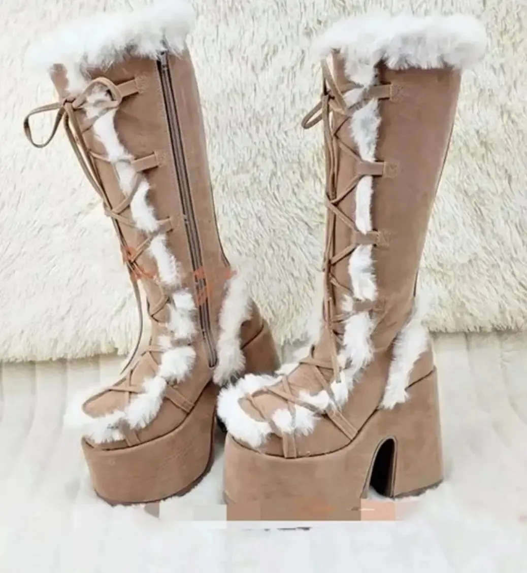 New Women's Winter Snow Boots - Platform Wedge High Heel Faux Fur Mid-Calf Boots - Warm Plush Non-Slip Gothic Shoes for Ladies