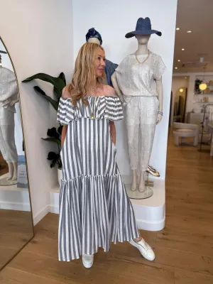Rae Rosie Stripe Ruffle Dress in White Blue