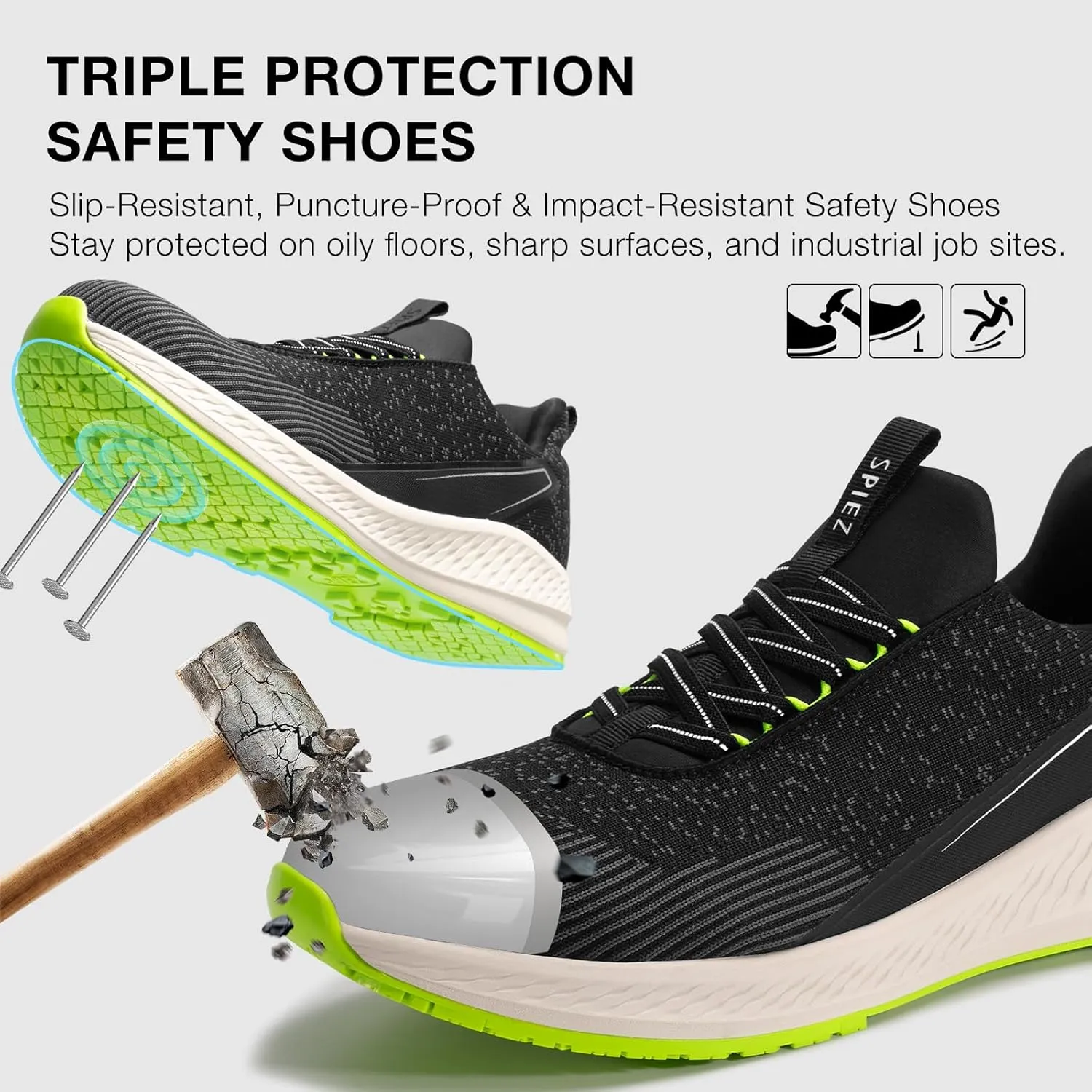 SPIEZ Slip-On Safety Shoes for Men & Women - Non-Steel Composite Toe, Fashion Sneaker Design, Hands-Free Convenience, All-Day Protection, Lemon Green US 5.5-13.5