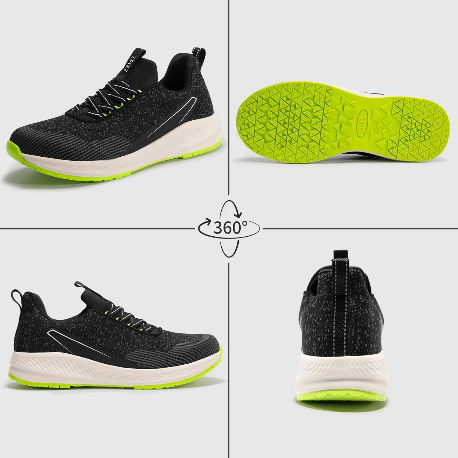 SPIEZ Slip-On Safety Shoes for Men & Women - Non-Steel Composite Toe, Fashion Sneaker Design, Hands-Free Convenience, All-Day Protection, Lemon Green US 5.5-13.5