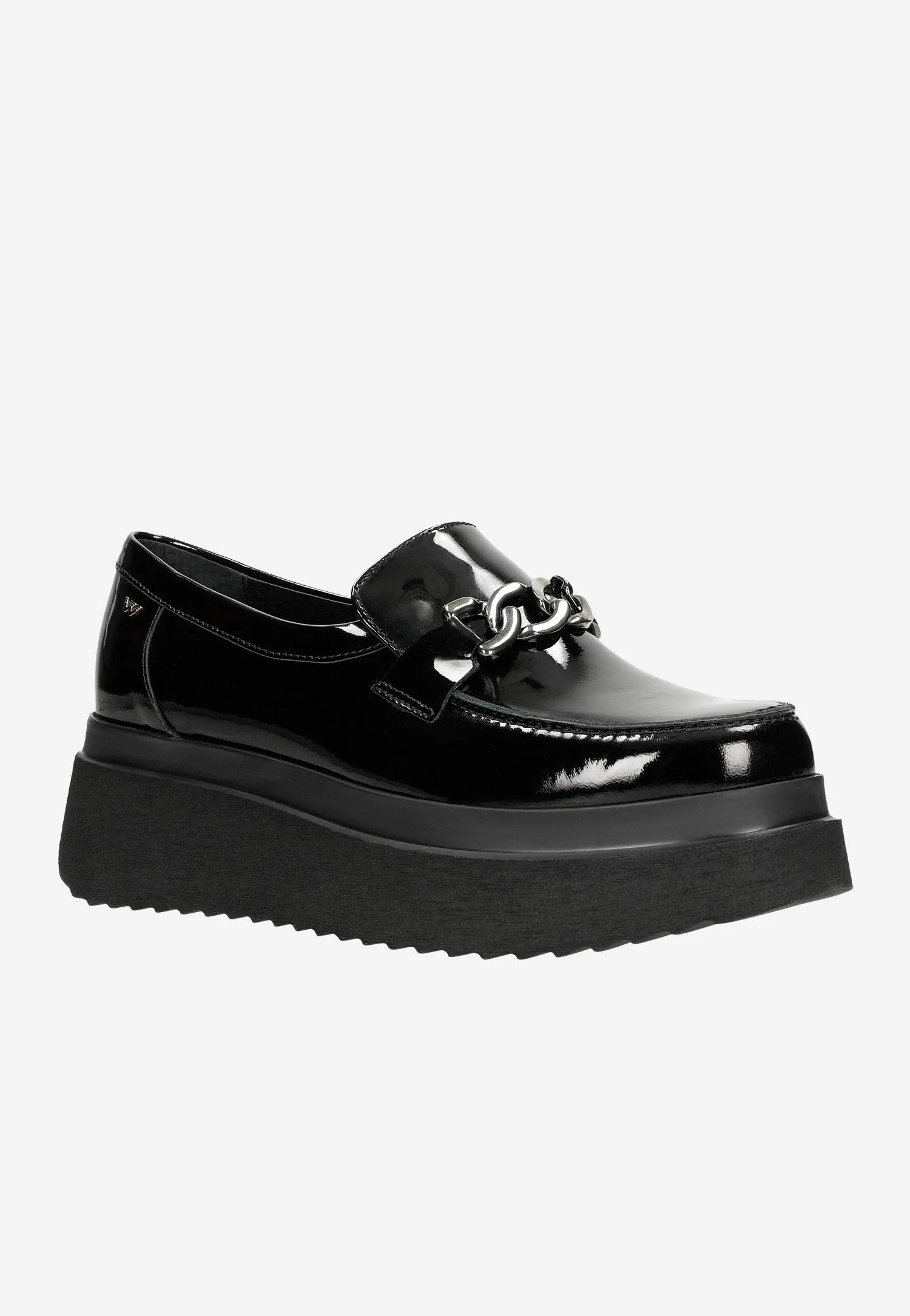 Wojas Black Leather Wedge Loafers with Silver Chain | 4619031