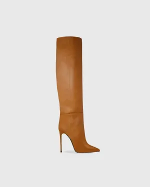 Yesenia Splicing Leather Knee High Boots In Brown